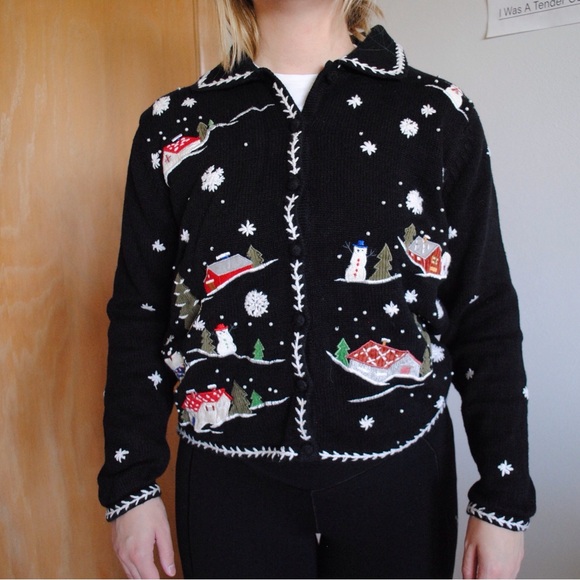 Erika Sweaters - Erika Black Knit Cardigan with White Accents